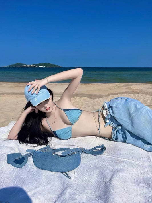 Patchwork Denim Tie Bikini Set