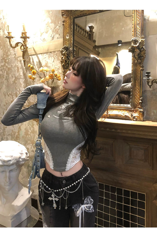 Lace Bow Symphony Long Sleeve Top - Grey