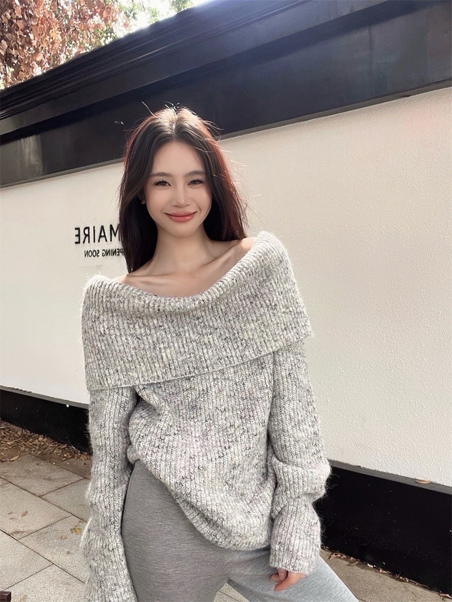 Clouded Grace Off-Shoulder Knit Sweater