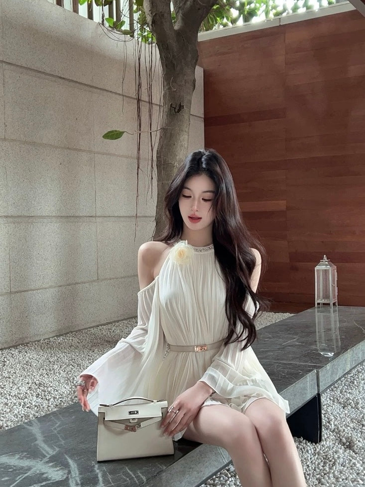 Ivory Muse Pleated Top Set With Belt