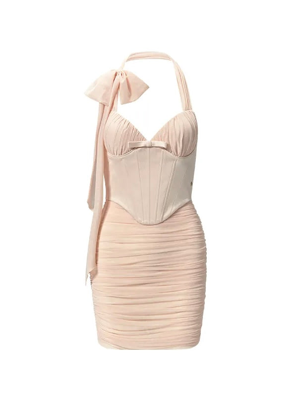 Rosetta Mesh Halter Neck Ruched Corset Mini Dress