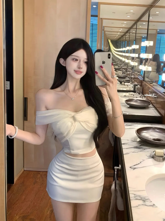 Off-Shoulder Ivory Two-Piece Dress Set with Chain Belt