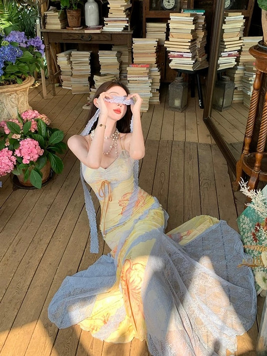 Monet Garden Yellow Blue Lace Maxi Dress