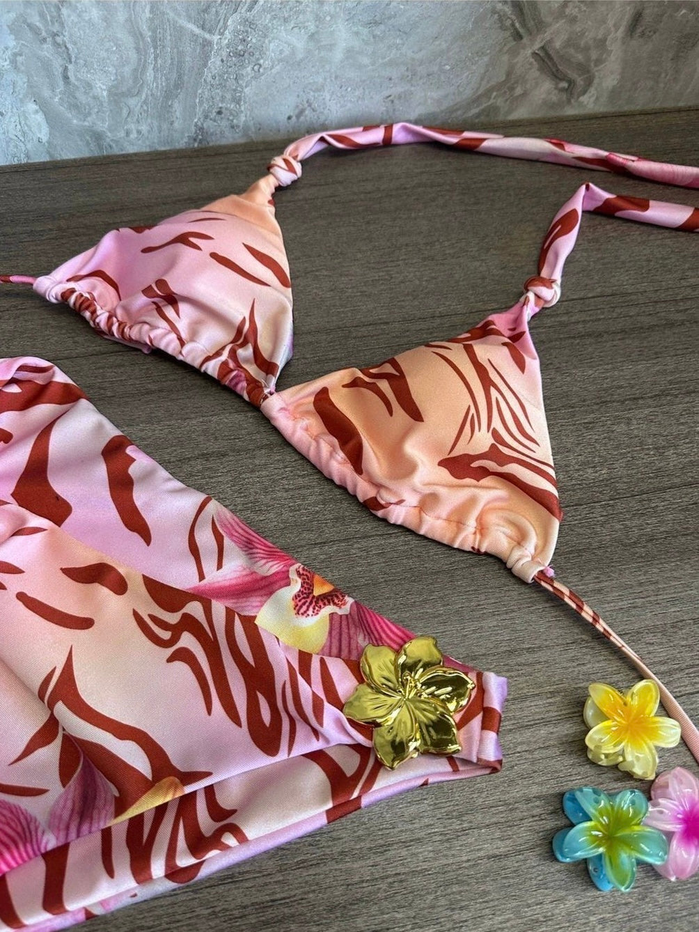 Pink-Yellow Ombre Zebra Print 3-Piece Bikini Set