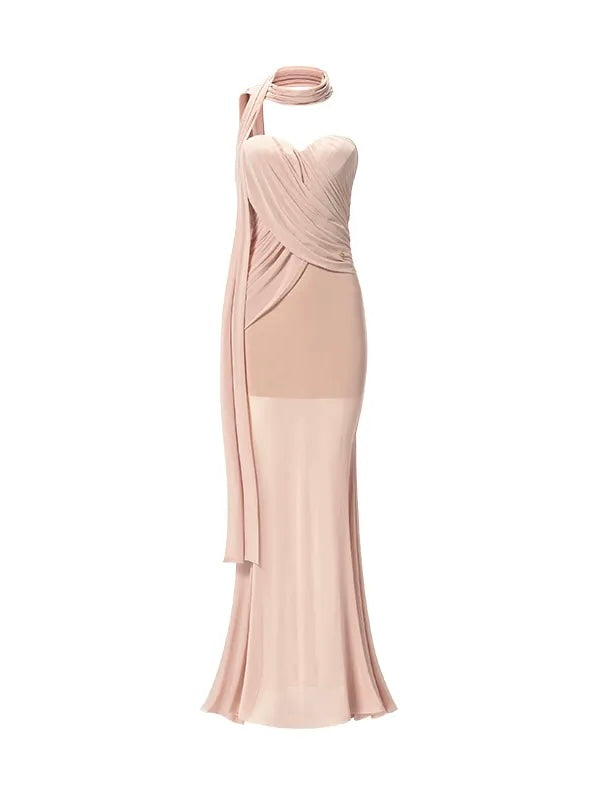 Kira Mesh Ruched Asymmetrical Mermaid Maxi Dress