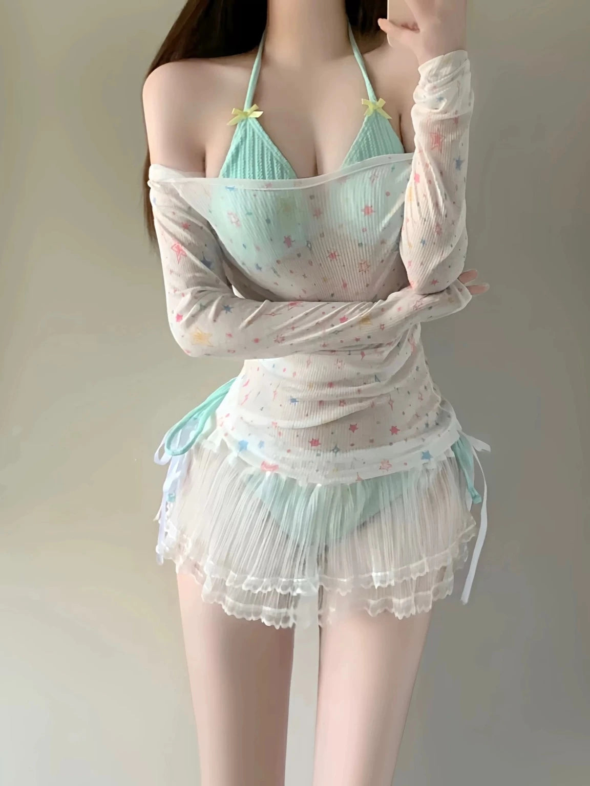 Padded Mint Tideside Bikini Set With Skirt & Coverup
