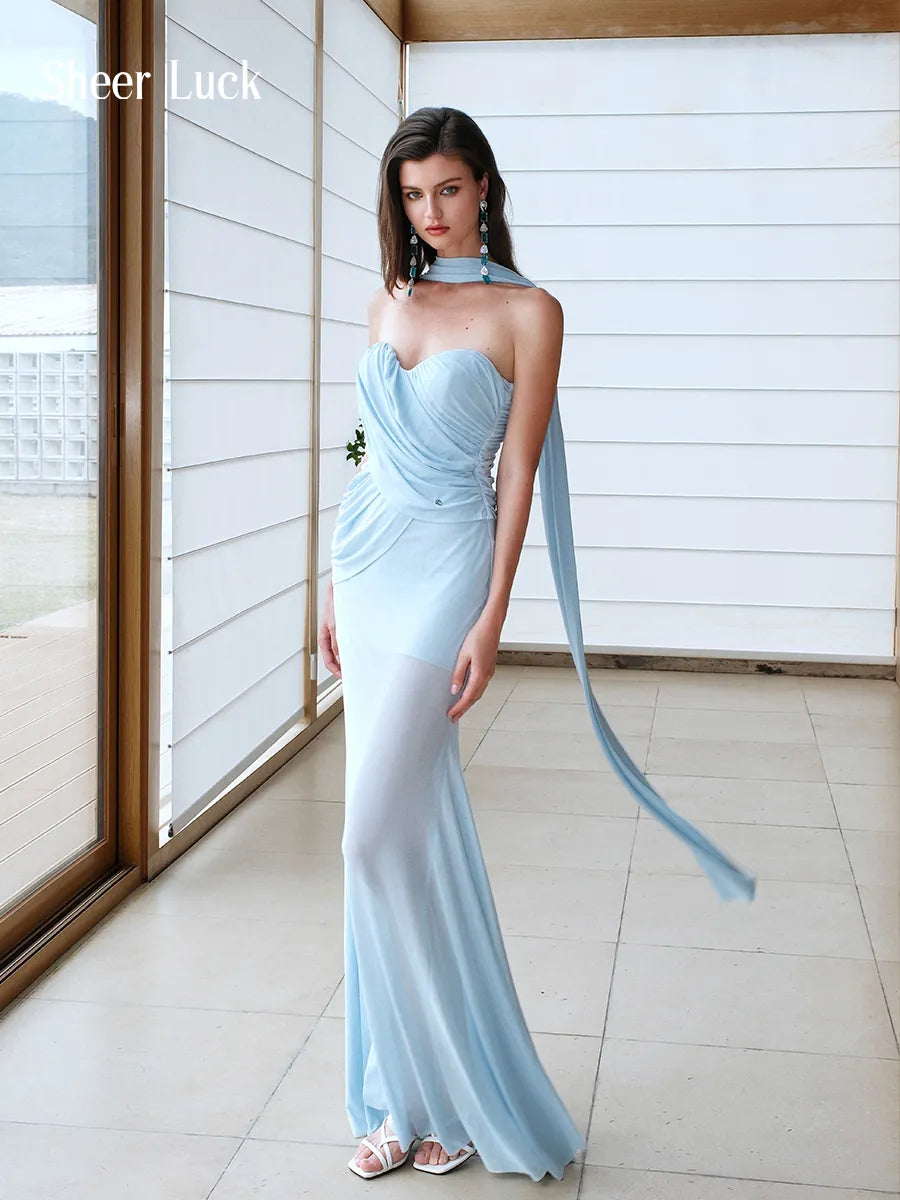 Kira Mesh Ruched Asymmetrical Mermaid Maxi Dress