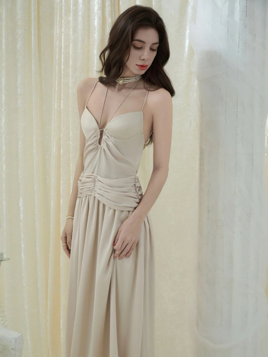 Crow Crew Champagne V-Neck Spaghetti Strap Backless Maxi Dress - PREORDER