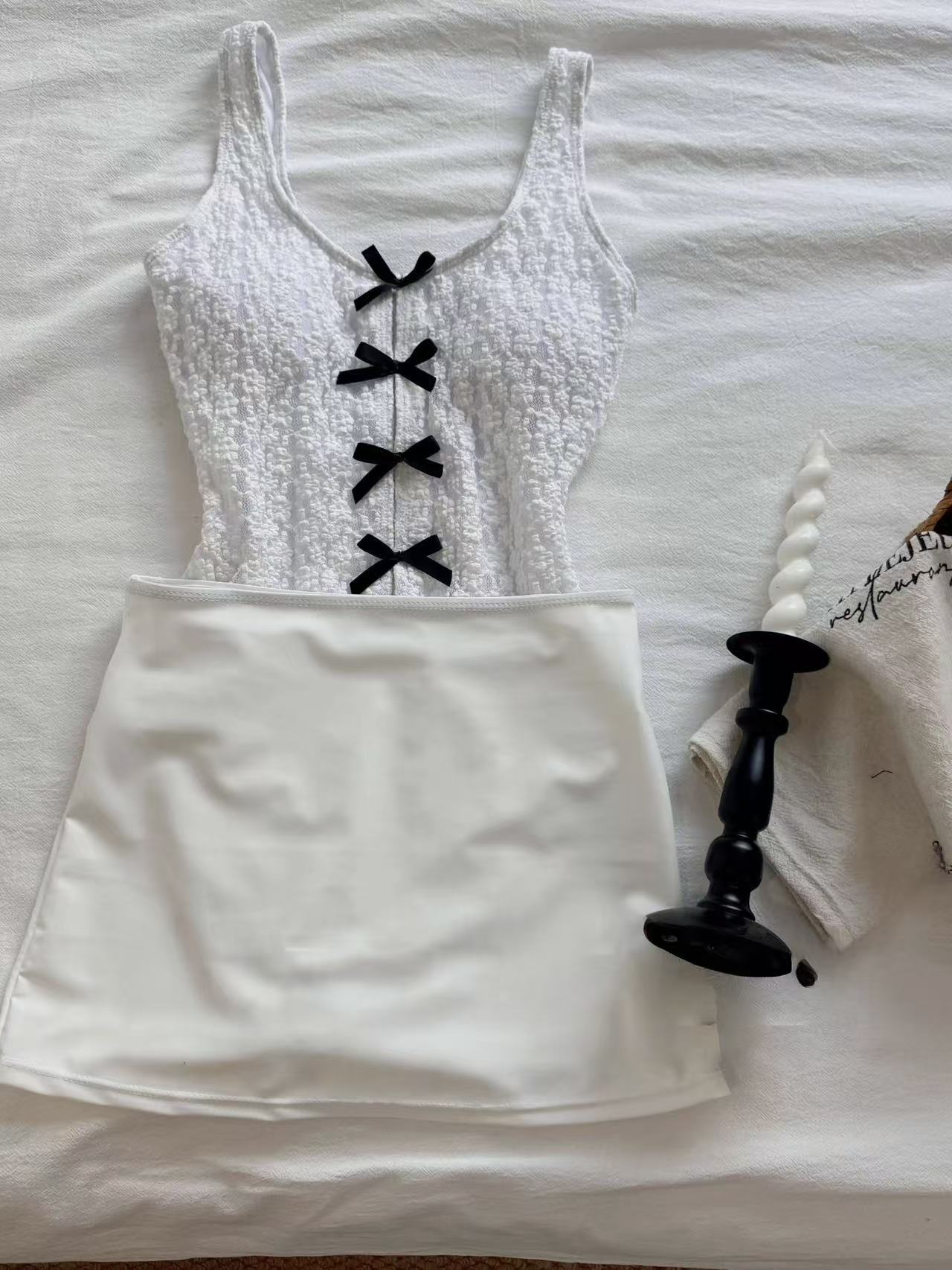 Bowknot Lace Textured Swimsuit with Skirt
