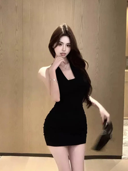 Black Crystal Chain Padded Halter Mini Dress