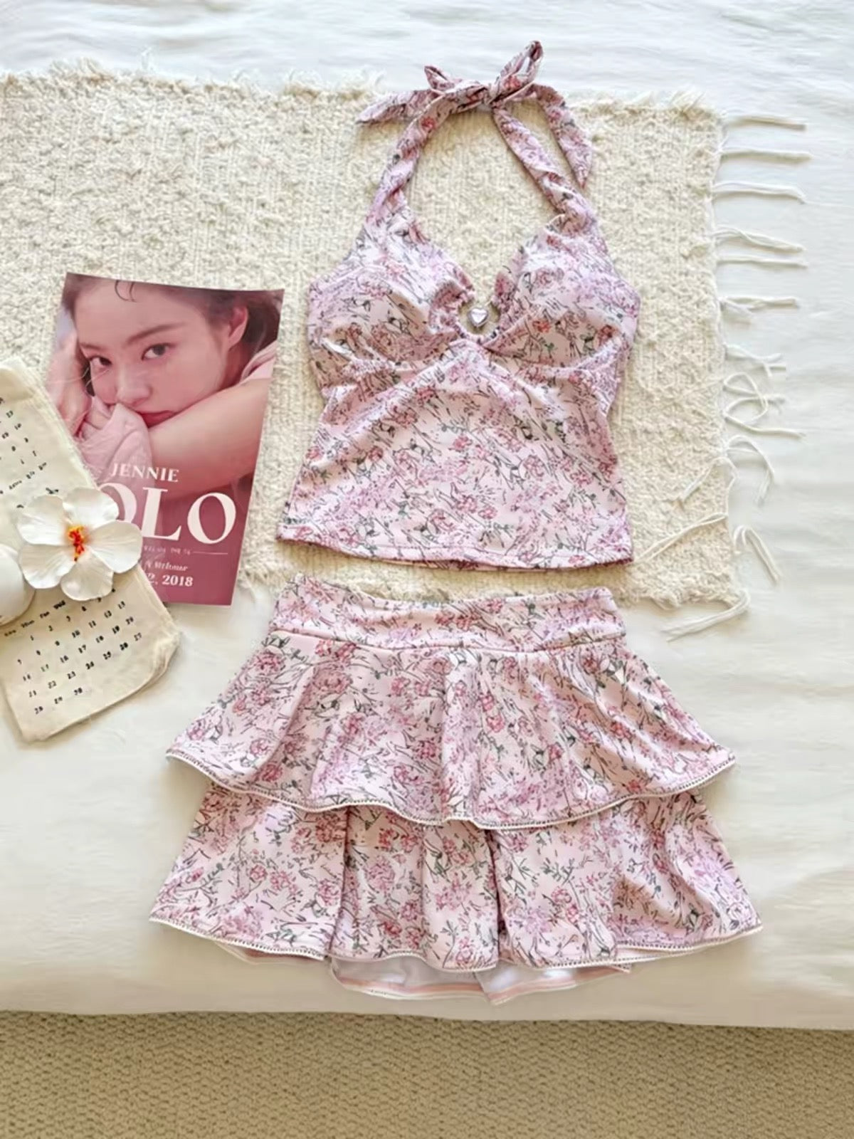 Rosalie Pink Print Tankini Set with Ruffle Skirt