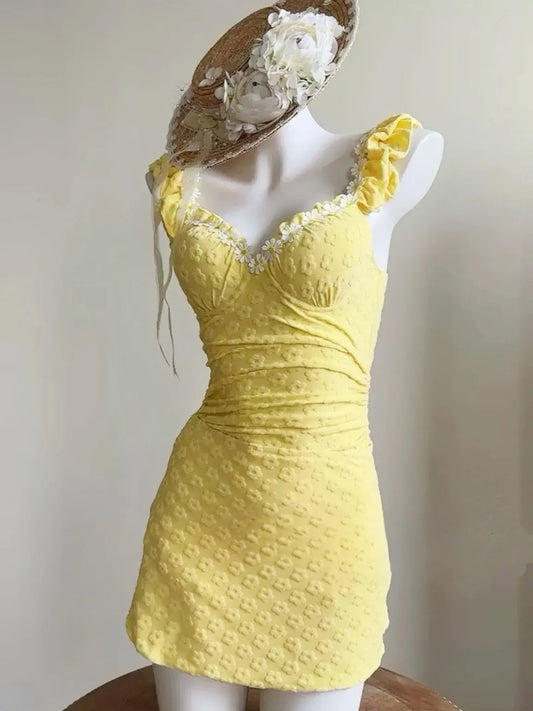 Yellow Daisy Ruffle One-Piece Swimsuit With Wrap Skirt