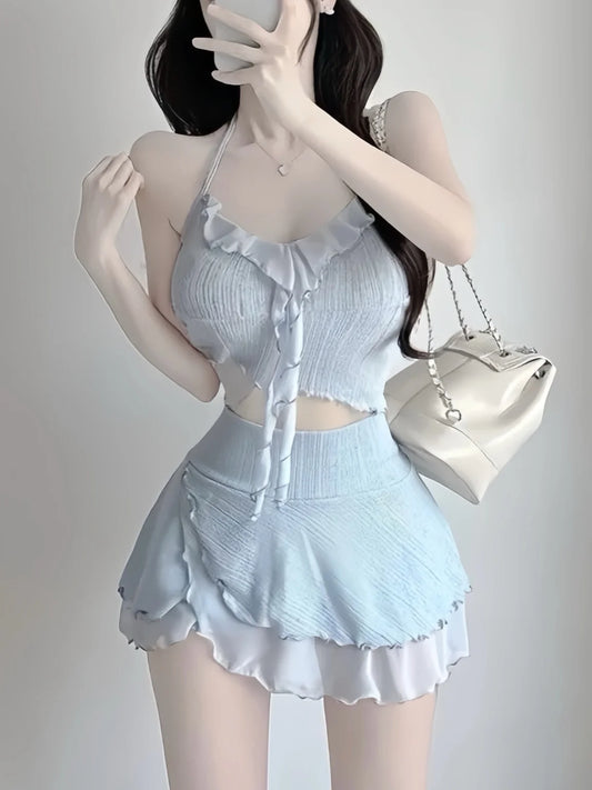 Light Blue Ruffle Halter Tankini Swimsuit