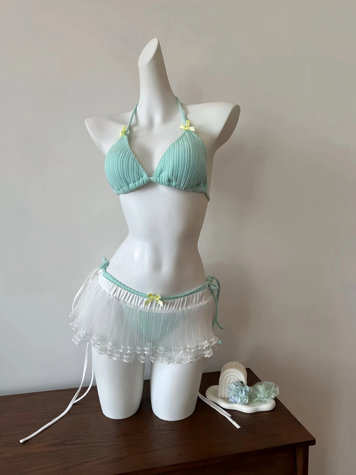 Mint Padded Traingle Bikini Set With Skirt & Coverup