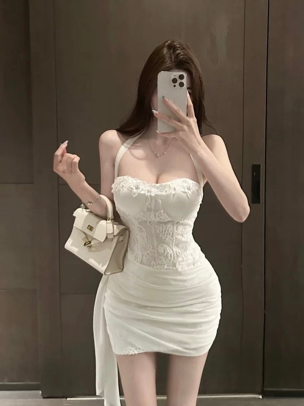 Padded Floral Embroidered White Mini Dress