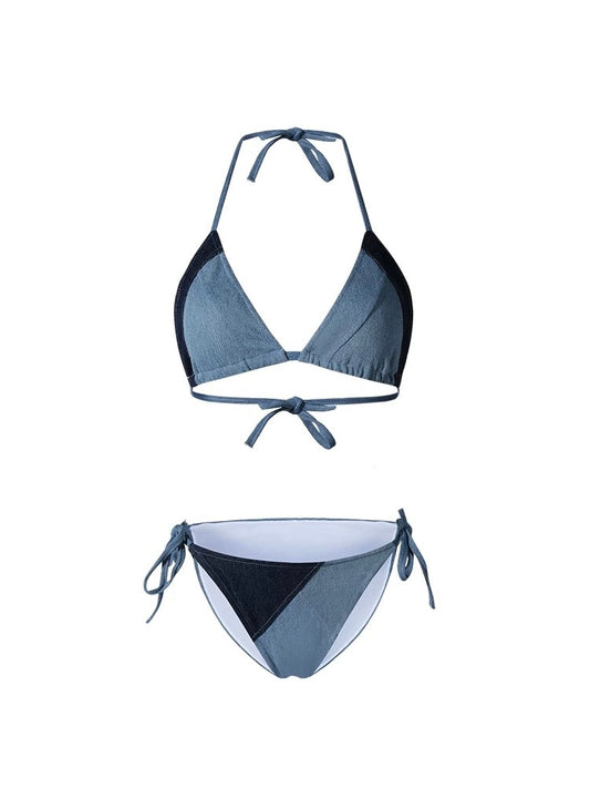 Patchwork Denim Tie Bikini Set