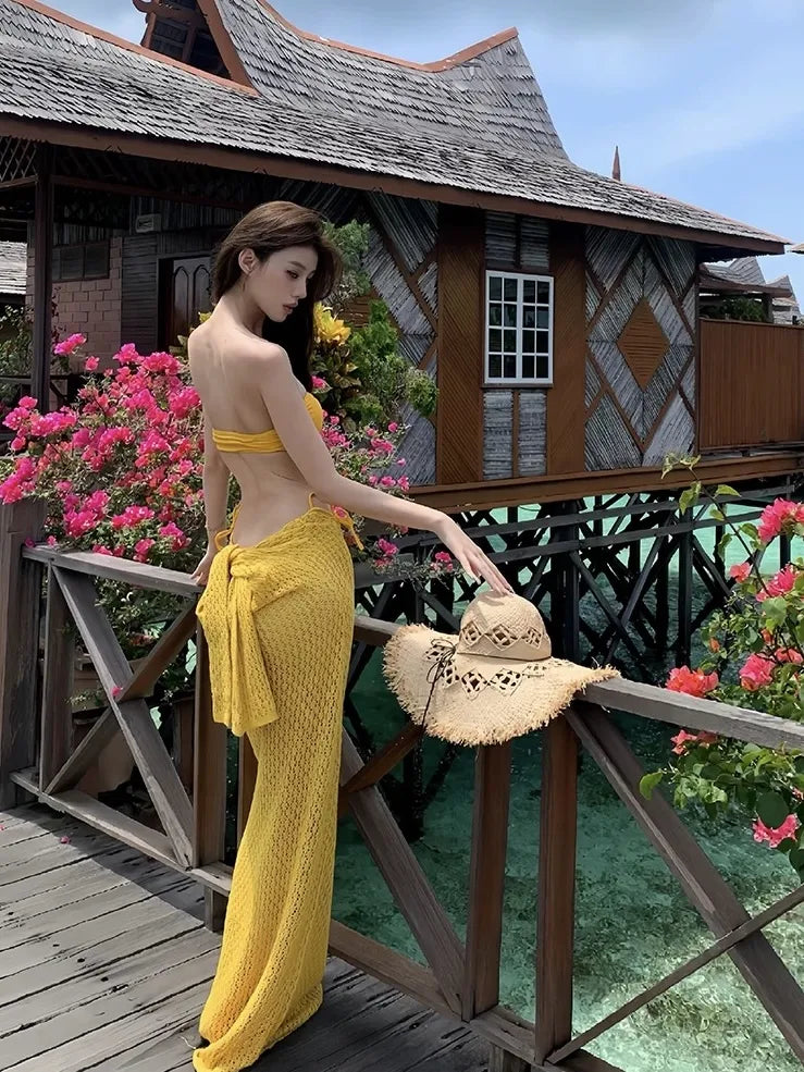 Sunbeam Floral Yellow 3-Piece Bikini Set With Crochet Cover-Up