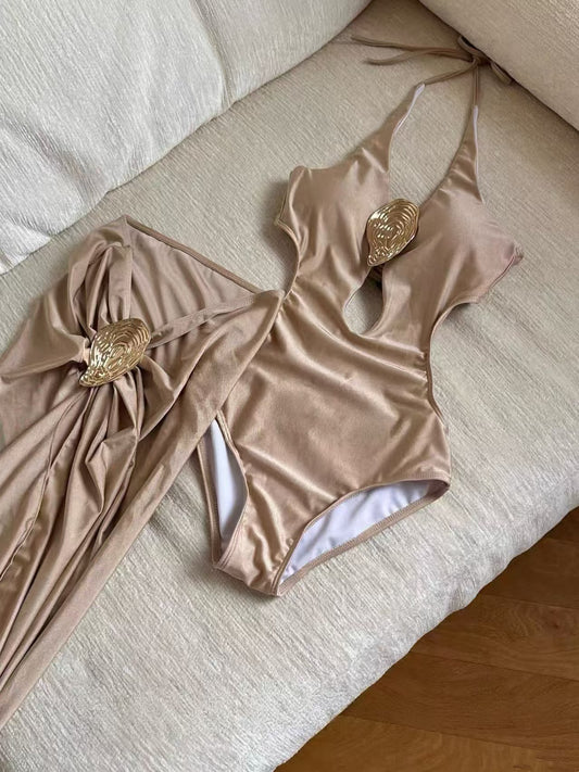 Golden Mirage One-Piece Swimsuit with Skirt