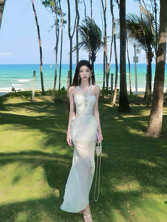 White Mirage Diamanté Halter Maxi Dress