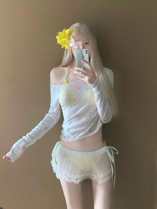 Starlight - Yellow 3 Piece Textured Bikini Set with Cover Up Top