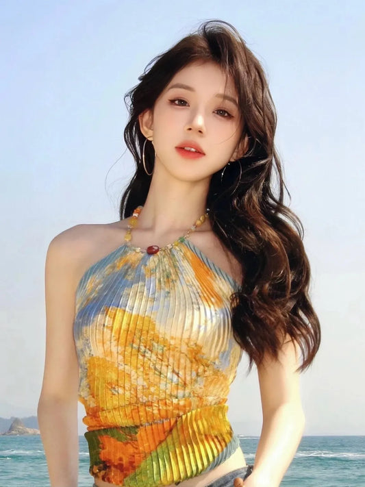 Tropical Print 3-Piece Beaded Bikini Set with Sarong