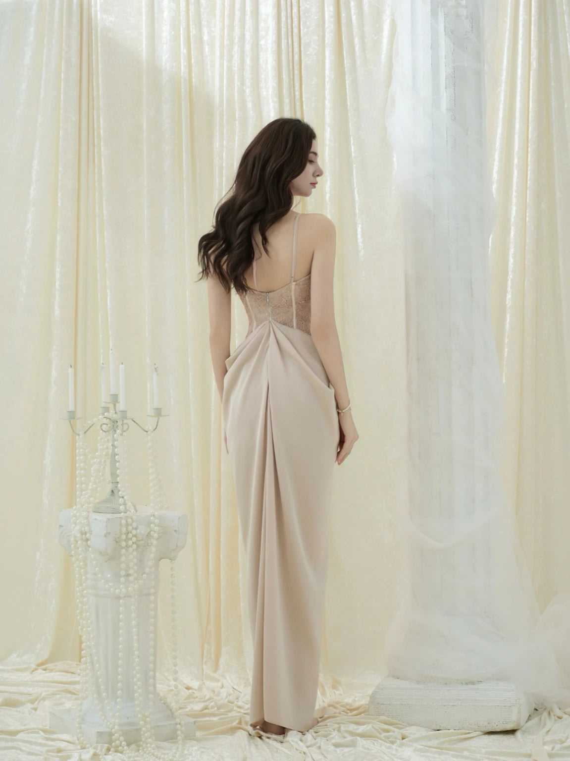 Crow Crew Lotus Pink Lace Corset Ruched Maxi Dress