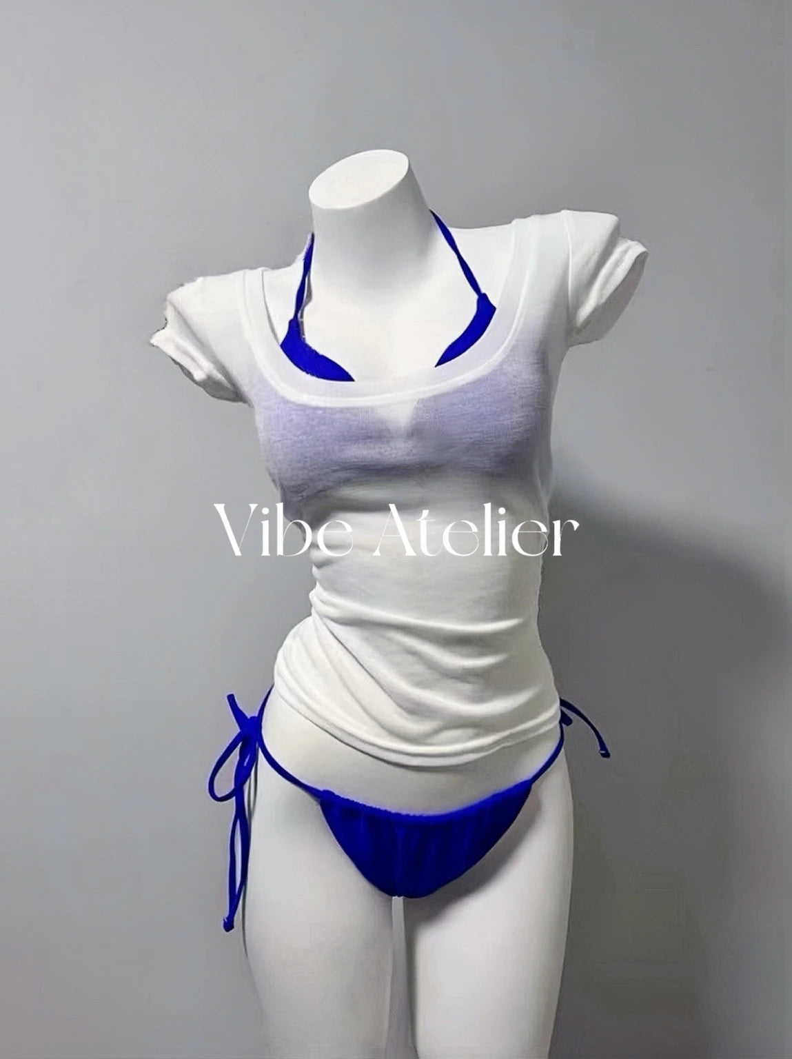 Klein Blue Triangle Bikini Set with Mesh Cropped Tee