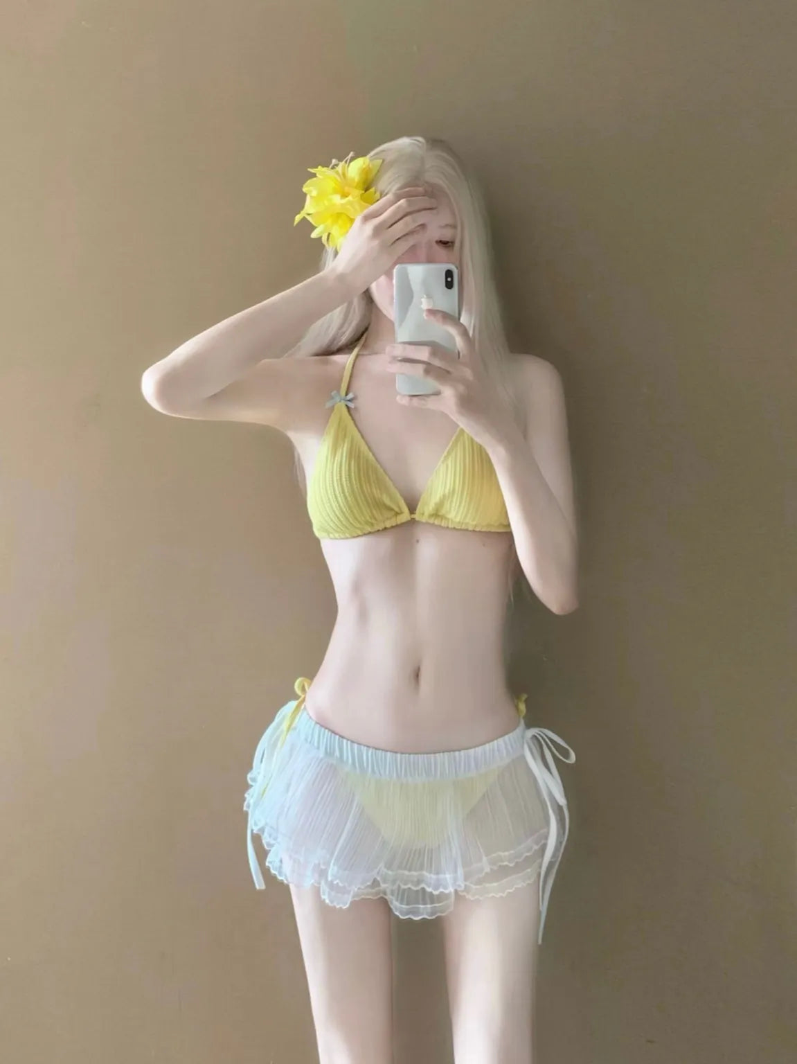 Starlight - Yellow 3 Piece Textured Bikini Set with Cover Up Top