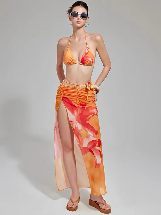 Orange Floral Print Bikini Set with Skirt - 3 Piece Bikini Set