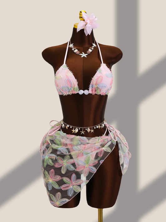Petal Paradise Pink Floral Embroidered Three-Piece Bikini Set