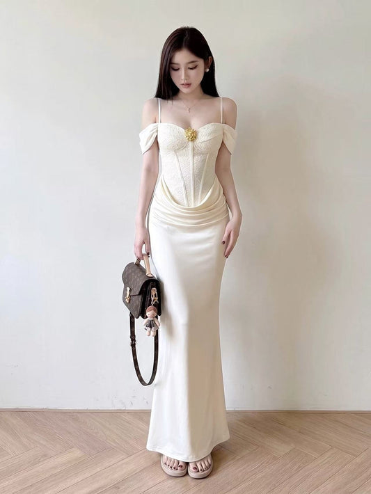 Ivory Rosette Corset Maxi Dress