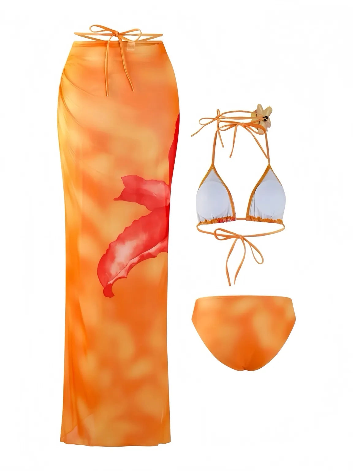 Orange Floral Print Bikini Set with Skirt - 3 Piece Bikini Set