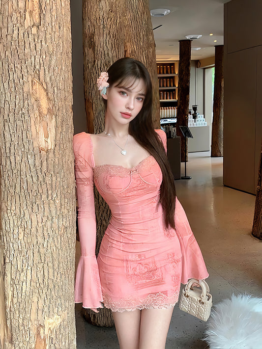 Caroline Long Sleeve Mesh Mini Dress