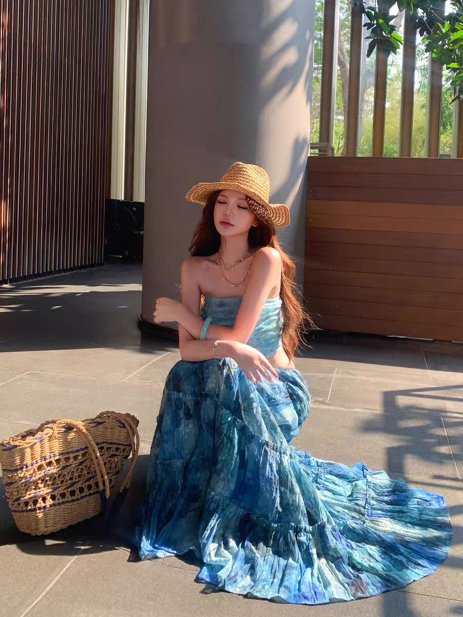 Azure Tide Bandeau Top & Maxi Skirt Set