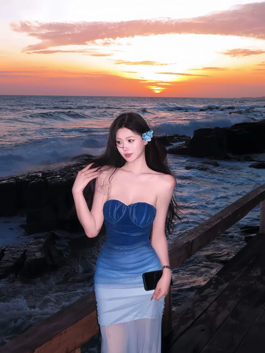 Mermaid Gradient Blue Padded Mesh Maxi Dress