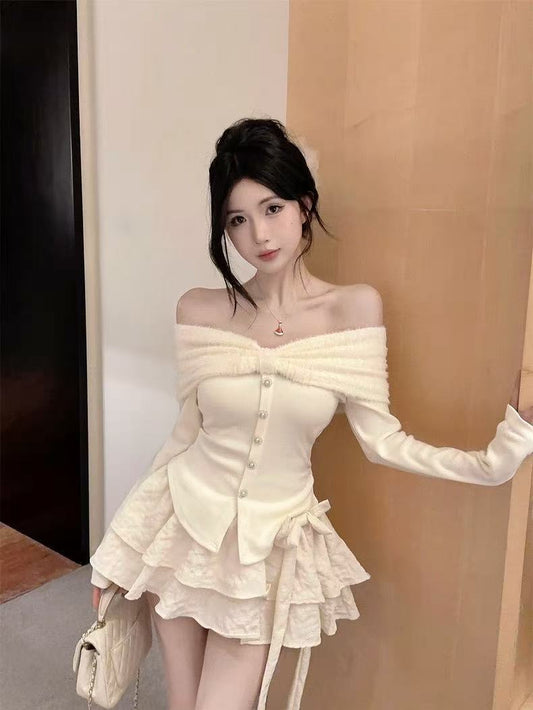 Ivory Off-Shoulder Top and Mini Skirt Set