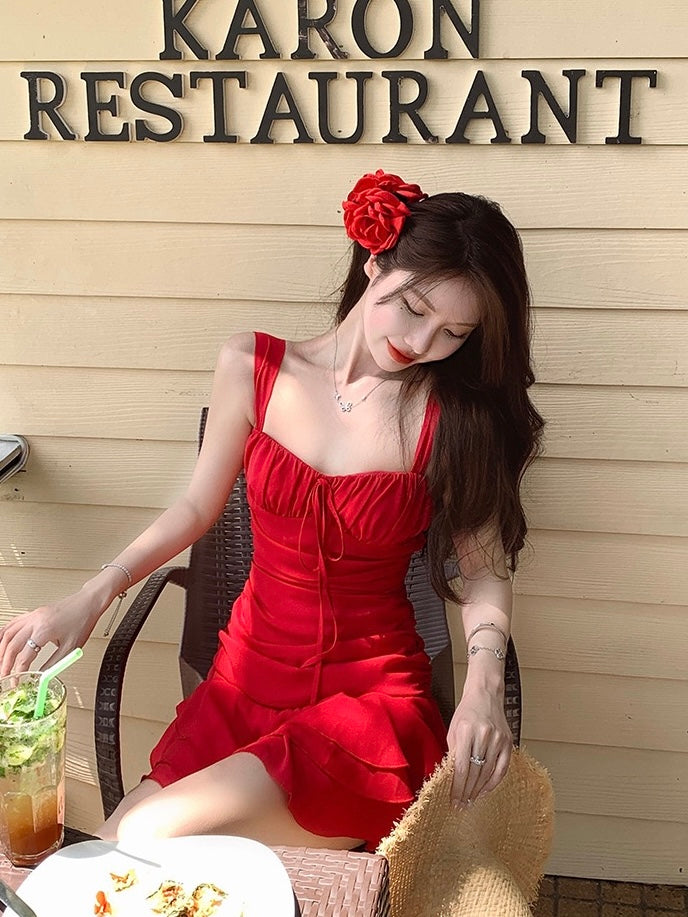 Red Reviera One-Piece Swimsuit With Flower Accessory