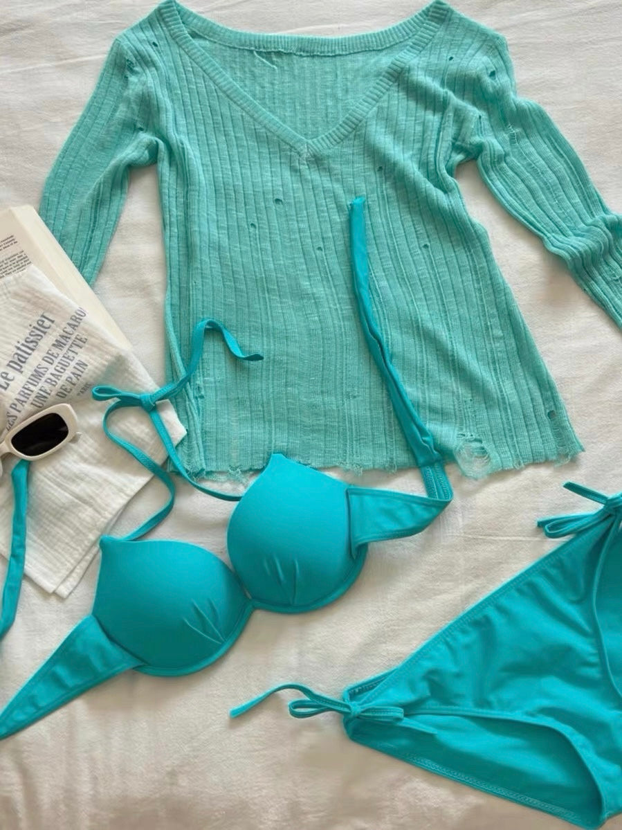 Tiffany Blue Triangle Bikini Set with Sarong and Knit