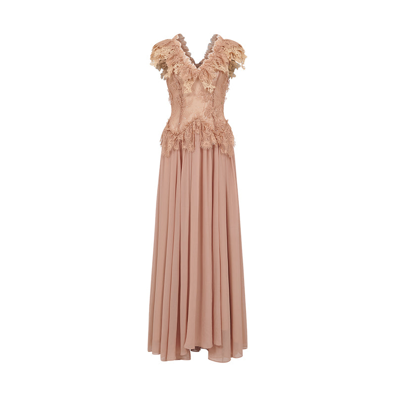 SHEERLUCK SLLYQ26404 Lace patchwork deep V-high slit dress