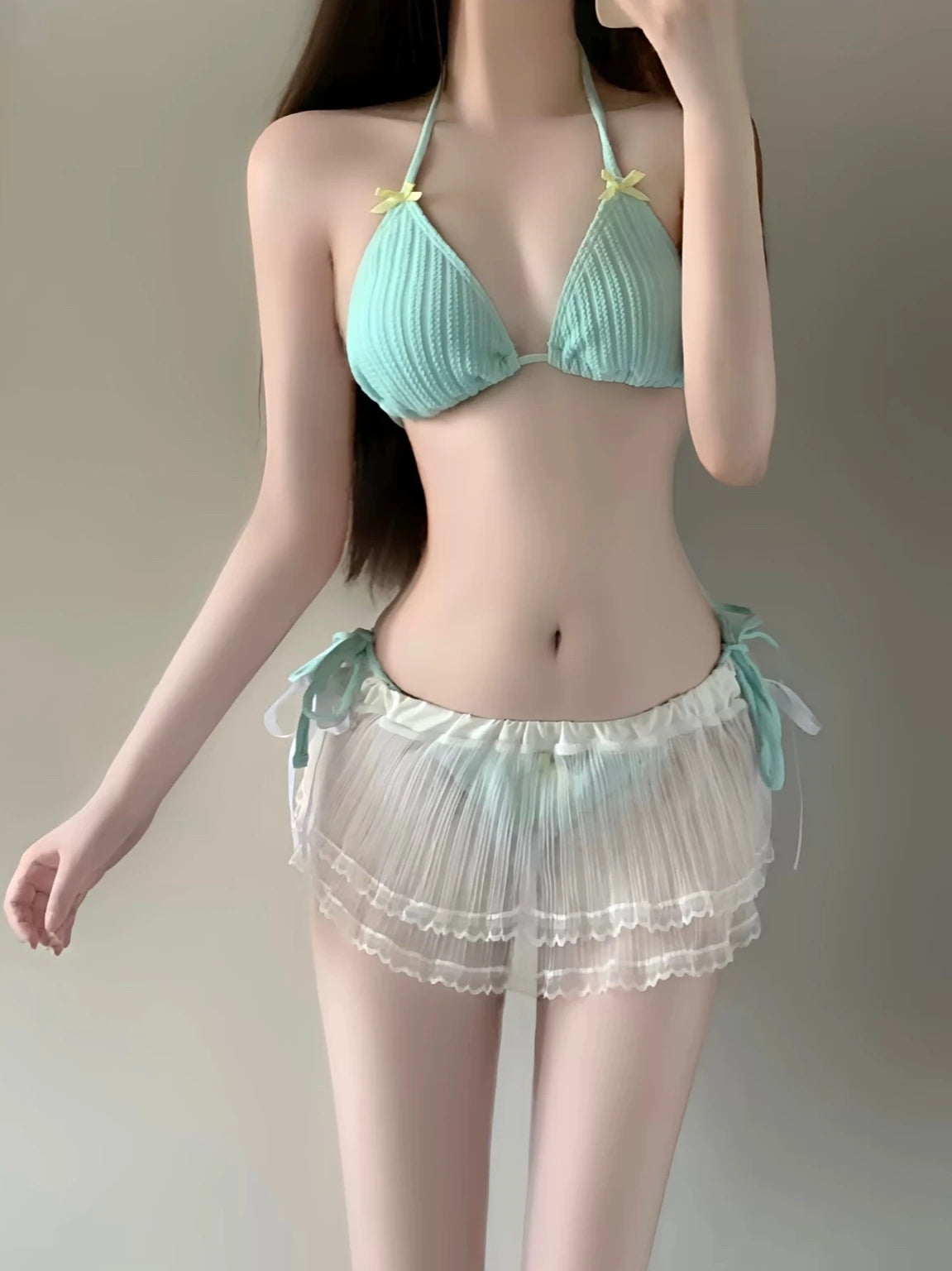Padded Mint Tideside Bikini Set With Skirt & Coverup