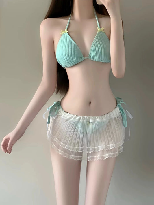 Padded Mint Tideside Bikini Set With Skirt & Coverup