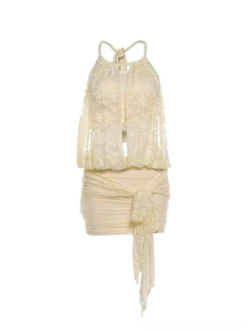 Solenne Ivory Lace Halter Mini Dress & Bandeau Set