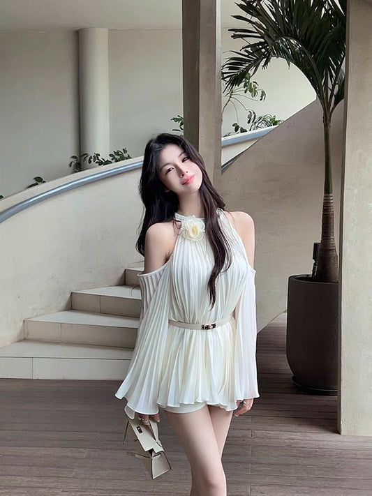 Ivory Muse Pleated Top Set With Belt