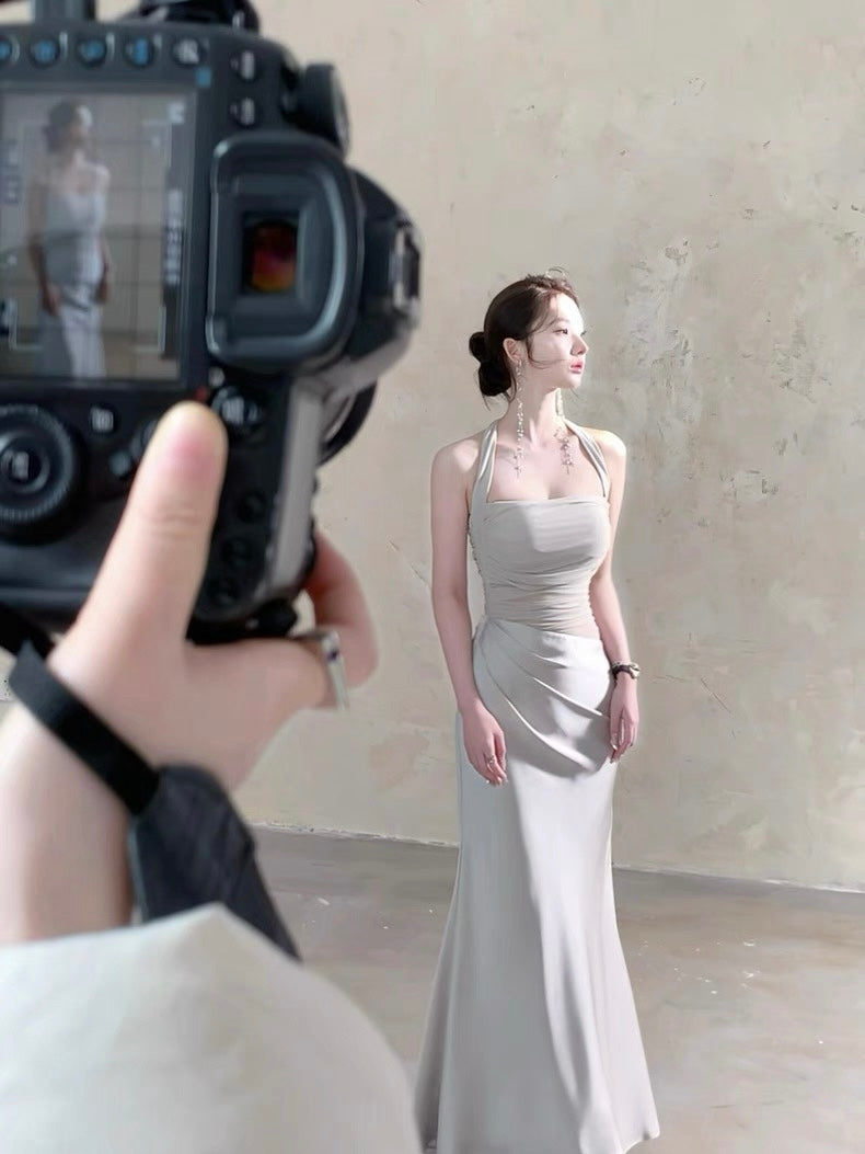 Moonlit Silver Mesh Halter Padded Maxi Dress