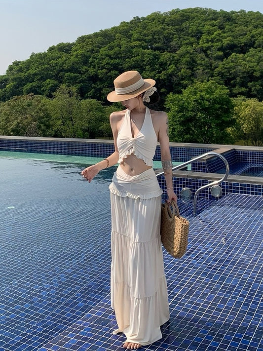 Ivory Mirage 3-Piece Bikini Set – Halter Top, Bikini Bottom & Maxi Skirt