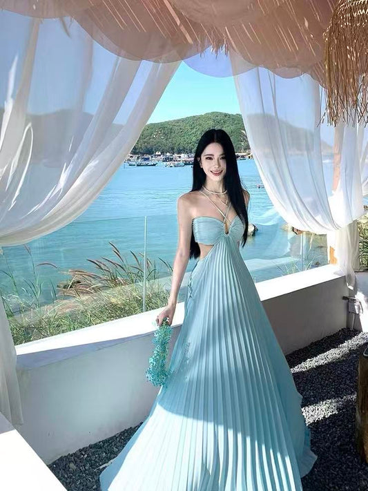 Baby Blue Cut-Out Pleated Maxi Dress