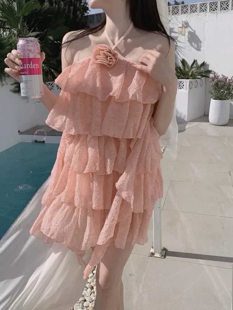 Misty Pink Floral Layered Ruffle Swim Dress