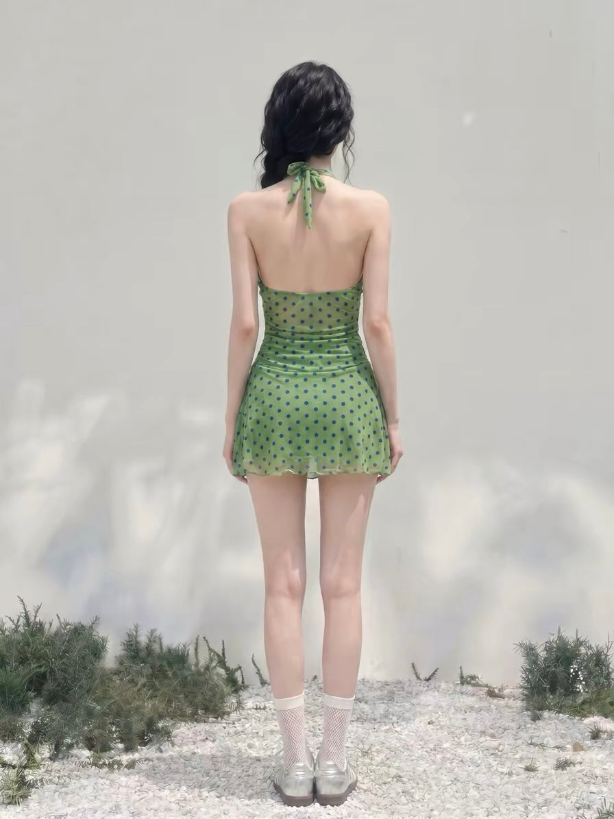 Olive Polka Dot One-Piece Swimsuit with Scarf