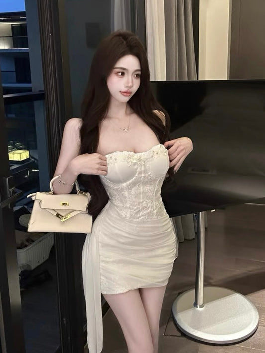 Padded Floral Embroidered White Mini Dress