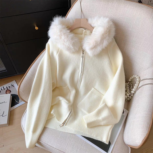 Snowy White Knit Zip-Up Jacket With Detachable Faux Fur